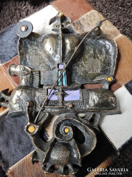 Régi Muharos Lajos bronz relief Sárkányölő Szent György ábrázolással, zománc díszítéssel