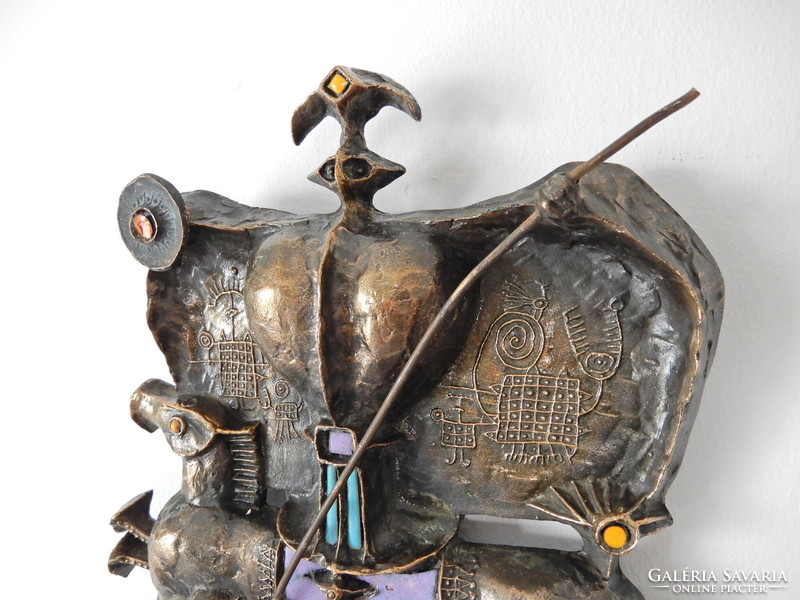 Régi Muharos Lajos bronz relief Sárkányölő Szent György ábrázolással, zománc díszítéssel