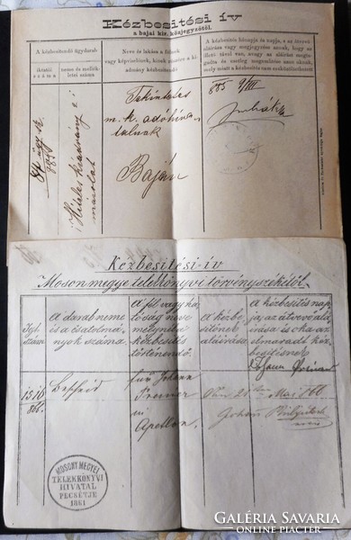 2 db antik kézbesítési ív (Moson megye 1866, Baja 1885)