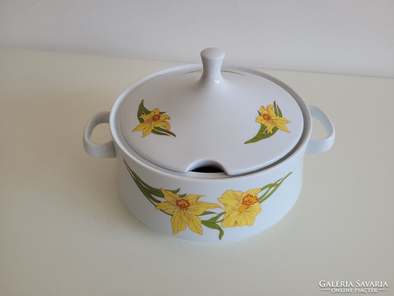 Régi retro nárcisz mintás Alföldi porcelán leveses tál fedeles virágos kínáló füles tál