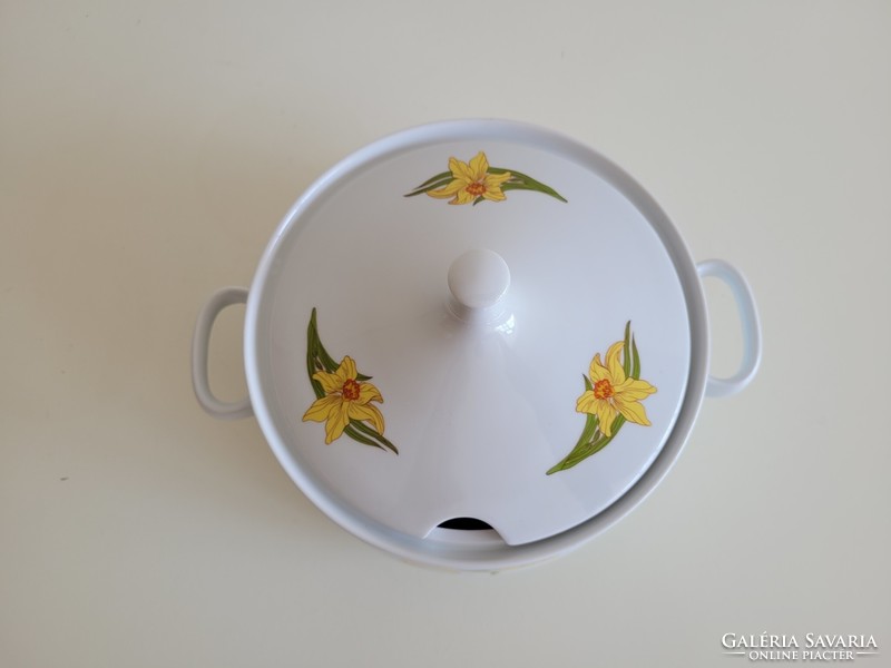 Régi retro nárcisz mintás Alföldi porcelán leveses tál fedeles virágos kínáló füles tál