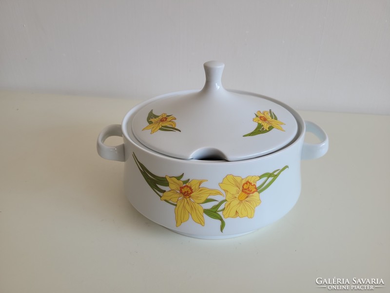 Régi retro nárcisz mintás Alföldi porcelán leveses tál fedeles virágos kínáló füles tál