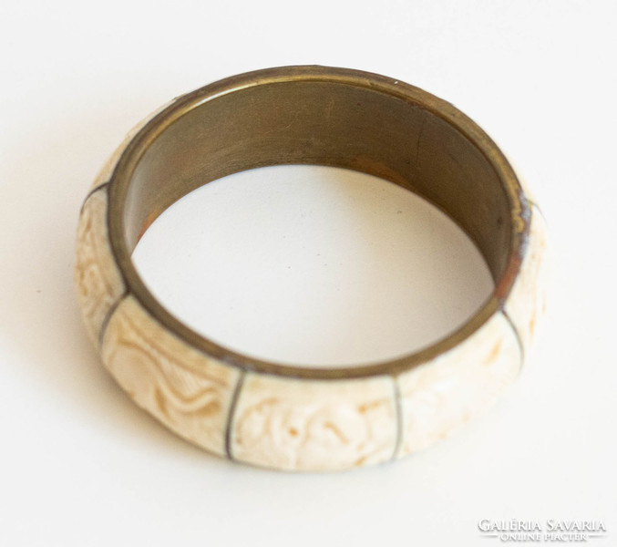 Vintage réz karperec faragott csont betétekkel - karkötő, karék, ékszer - etno ethno folk art goa