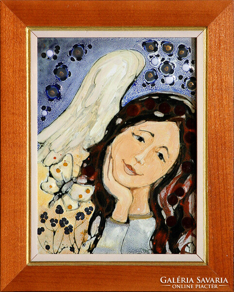 Fehér Margit: Angyali mosoly - tűzzománc - keretezve 27x22cm - alkotás 20x15cm - 24/819