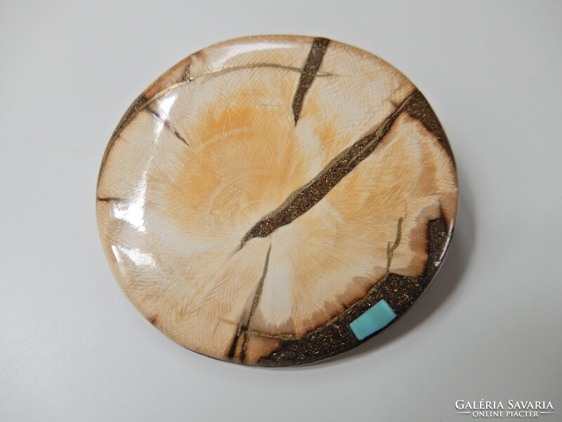 Régi kézműves Jürgen Schott nagyméretű mammut agyar bross türkiz intarziával