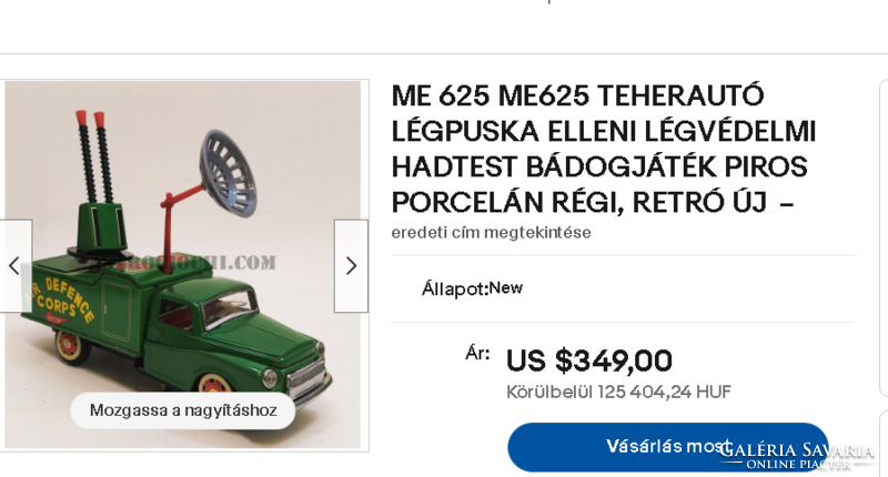 GYÖNYÖRŰ ÁLLAPOTÚ lemez fém ME625 légoltalmi katonai játék jármű fém kisautó a képek szerint