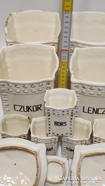 "Julie" jelzett "Kávé, rizs, czukor..." feliratos fehér konyhai keménycserép fűszertartó 9 db (3204)