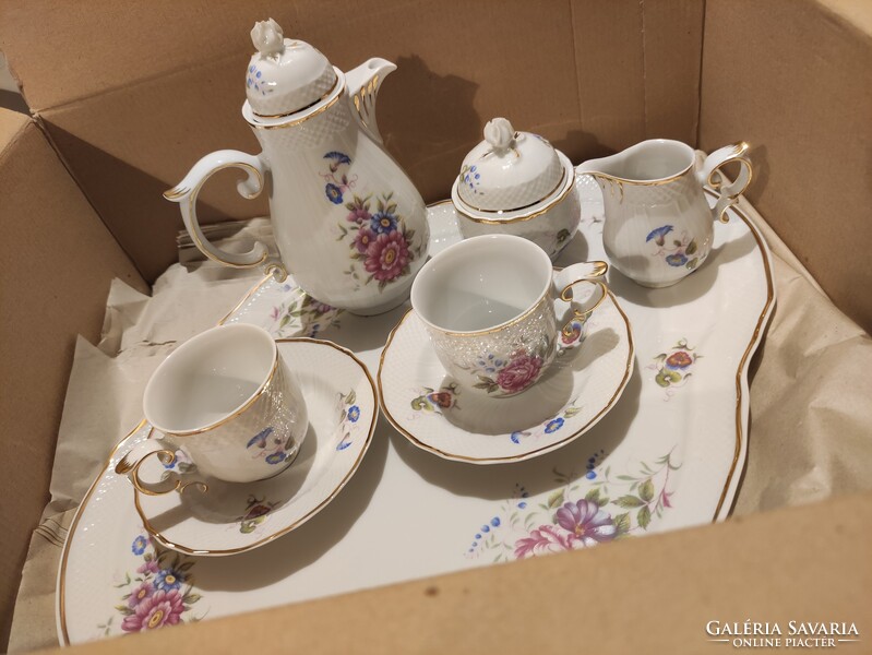 Hollóházi porcelán hajnalka mintás kétszemélyes kávés készlet süteményes kínálóval original csomag