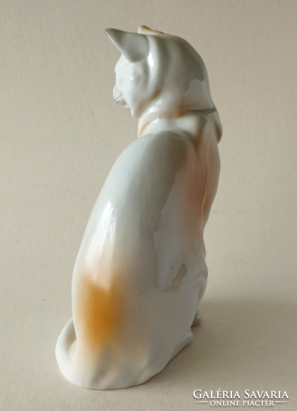 RÉGI SZÉP KÉZZEL FESTETT HOLLÓHÁZI PORCELÁN NAGY CICA FIGURA,SZOBOR