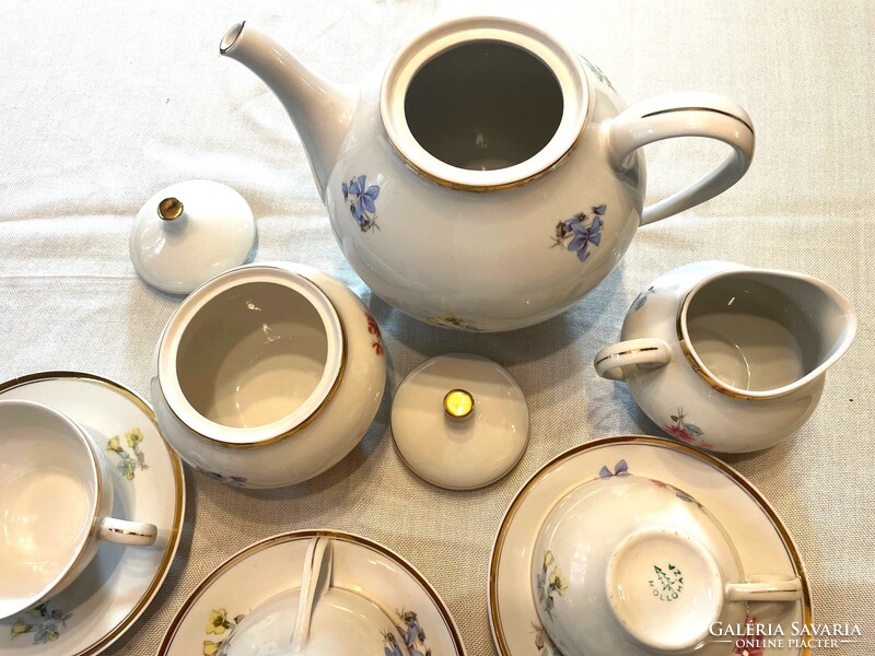 Hollóházi 6 személyes porcelán aranyozott virágmintás teáskészlet, régi