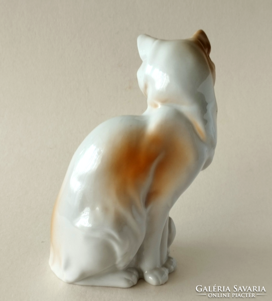 RÉGI SZÉP KÉZZEL FESTETT HOLLÓHÁZI PORCELÁN NAGY CICA FIGURA,SZOBOR