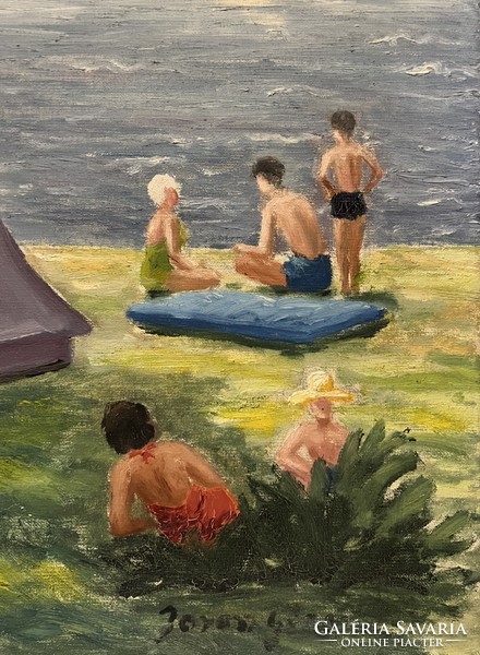 Boross Géza (1908-1971) Nyaralás a Balatonon (olaj,vászon 80x100 cm) /számlát adunk/