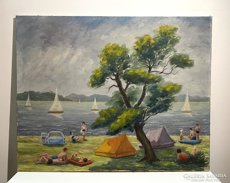 Boross Géza (1908-1971) Nyaralás a Balatonon (olaj,vászon 80x100 cm) /számlát adunk/