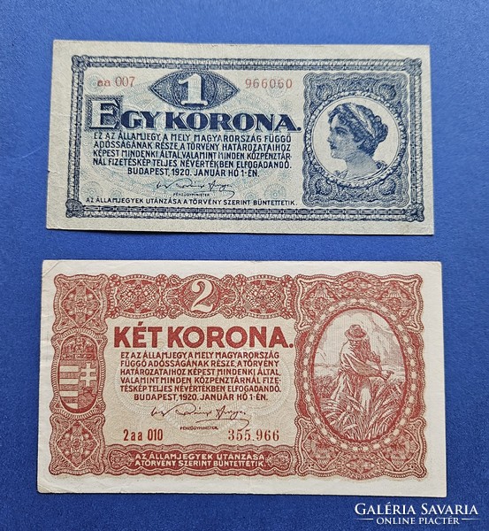 1920 évi 1 és 2 korona bankjegyek F