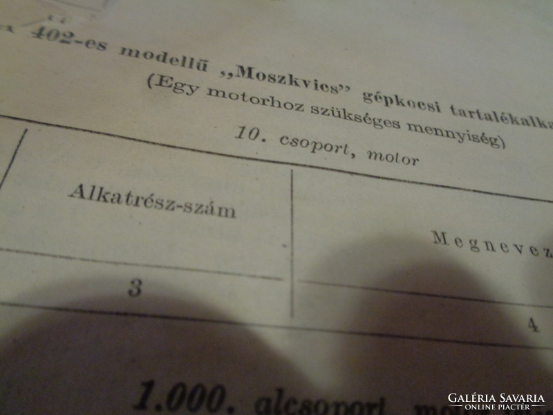 Moszkvics  402 modell  ,  ( ősmodell  ) alkatrész katalógus , 1957 -ből