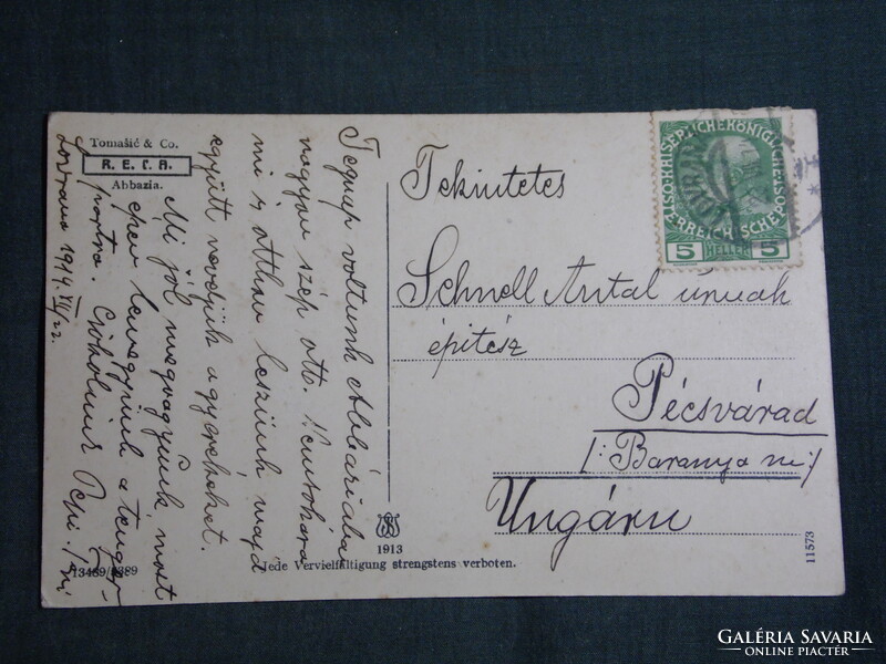 Képeslap,Horvátország,Opatija,Abbazia,Hafen, kikötő látkép,részlet , 1913-