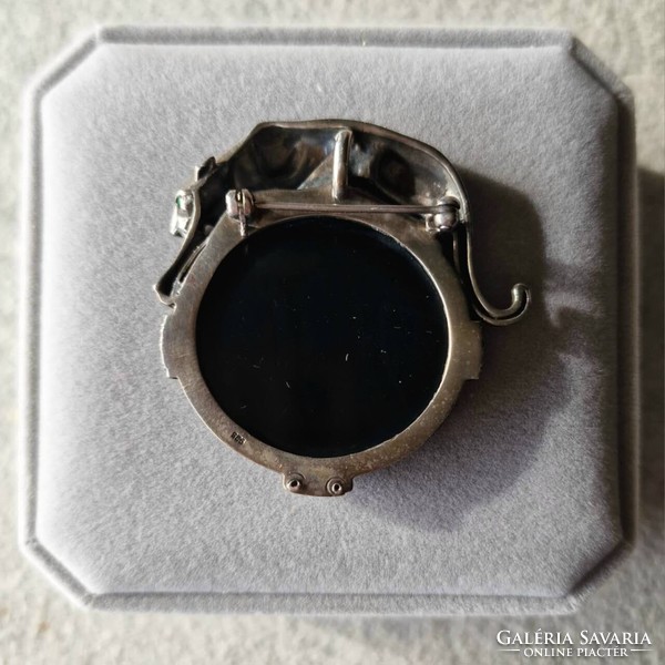 1920 - 30s Art Deco era, 925 silver onyx leopard pendant brooch dual-purpose