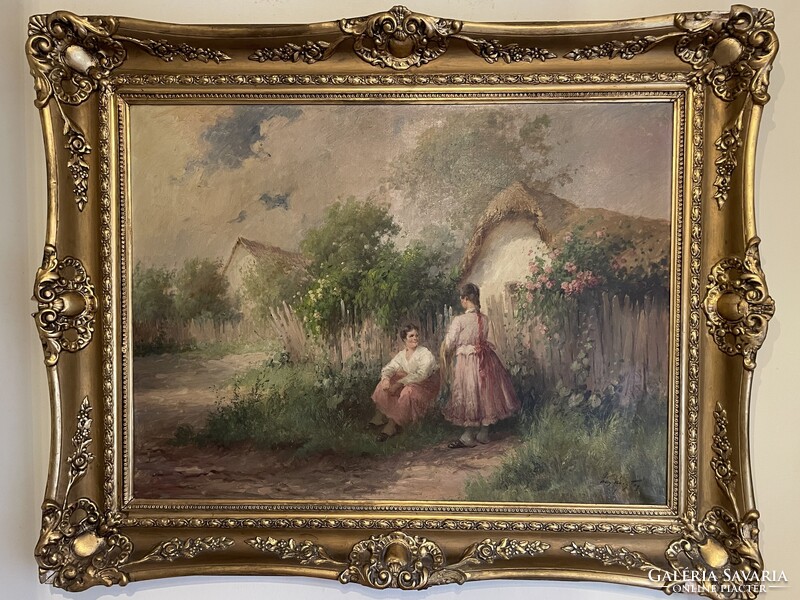 ÁCS ÁGOSTON - Fiatalok a ház előtt..75x100+kerete..