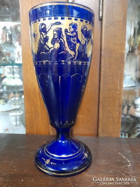 Alt Wien,Bécsi Biedermeier Ca.1910 Kék Üveg Kehely Aranyozott Puttós Dekorral.21 cm.