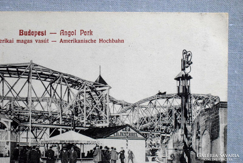 Budapest - Angol Park - Amerikai magasvasút , Le a cilinderrel , hiplá-hoplá -  antik képeslap  1903
