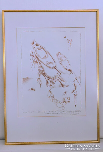 Almásy Aladár: Varróleányok 1988. című litográfia /kőrajz/ egyéni dedikálású