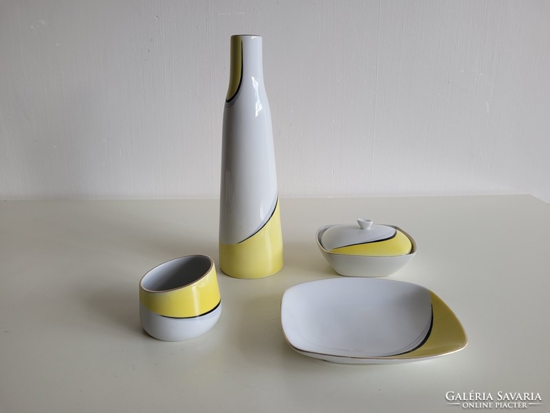 Retro Hollóházi mid century porcelán készlet Gazder Antal sárga fehér dísztárgy váza tál bonbonier