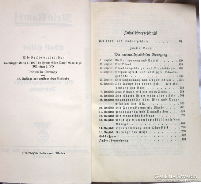 Adolf H:Mein Kampf, 1936 kiadás, I-II kötet, I. 406 oldal, II. 782 oldal, jó állapotban, nem hiányos