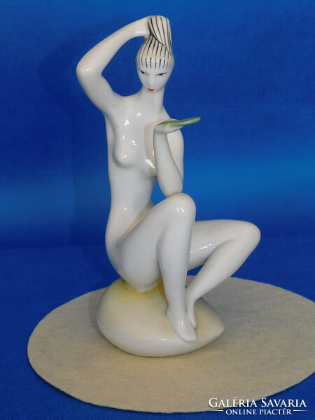 Art deco Zsolnay női akt - fésülködő nő tükörrel - porcelán nipp, figura