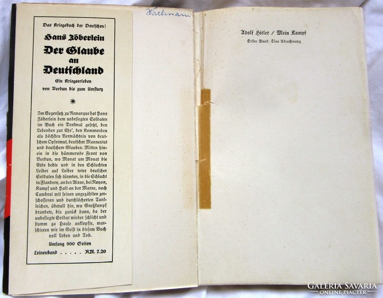 Adolf H:Mein Kampf, 1936 kiadás, I-II kötet, I. 406 oldal, II. 782 oldal, jó állapotban, nem hiányos