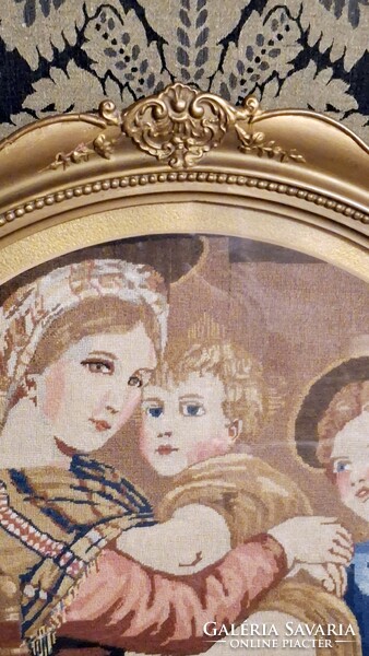 Gyönyörű Antik mikro gobelin szentkép blondel fa keretben