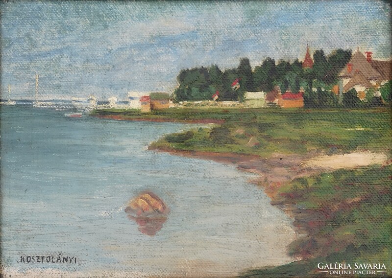 Kosztolányi-Kann Gyula(1868-1945): Vízpart templomtoronnyal. Jelzett olajfestmény!