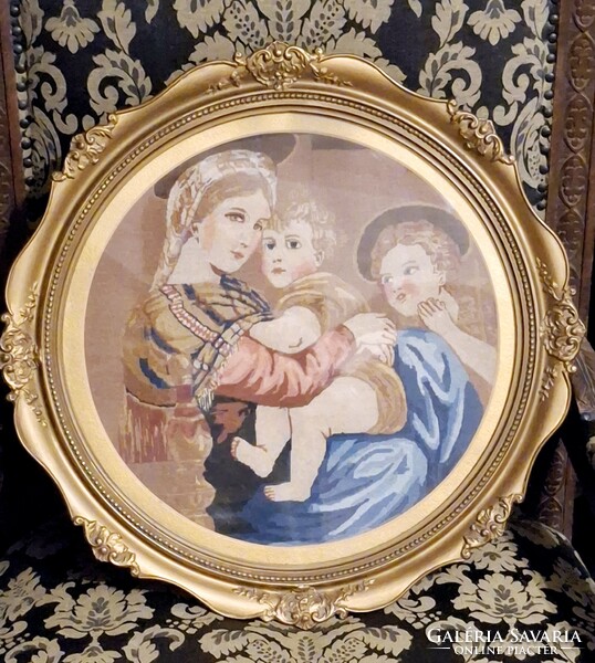 Gyönyörű Antik mikro gobelin szentkép blondel fa keretben