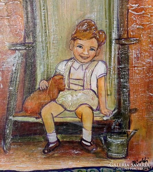 Prima díjas művésztől. A nevetés.Egy retró kisfiú.40x30 cm. Károlyfi Zsófia (1952)