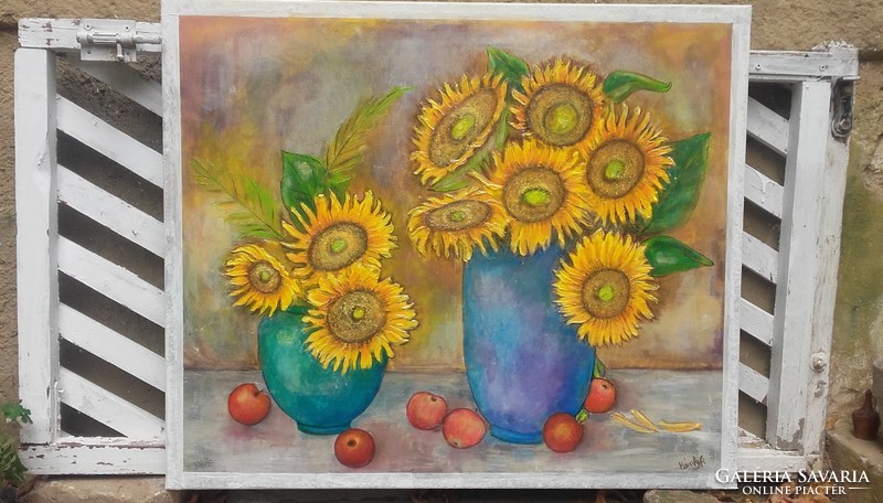 Napraforgók almákkal.80x95 cm zománckép.Károlyfi Zsófia/1952. ,Prima díjas művésztől.tanúsítvánnyal.