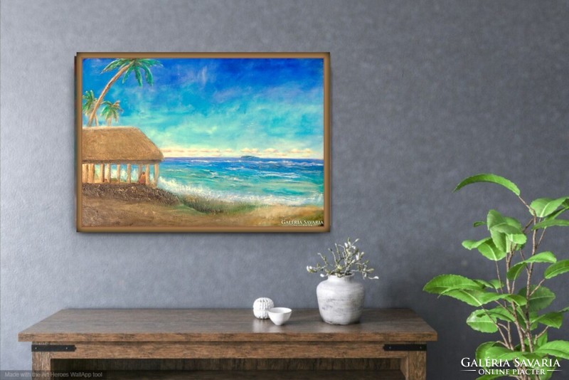 Szamoai óceánpart. 70x100 cm zománckép. Károlyfi Zsófia Prima díjas művész alkotása, tanúsítvánnyal.