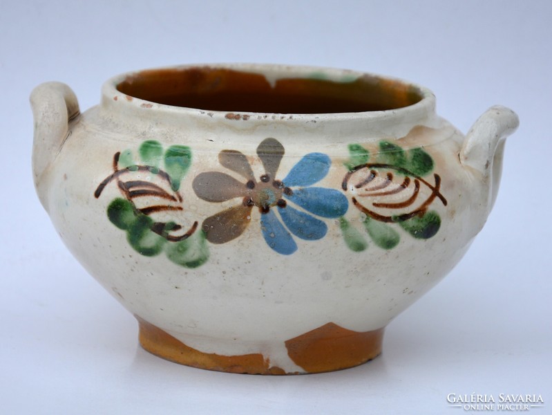 Régi kétfülű cserépedény, komaszilke vagy levesestál, népi kerámia