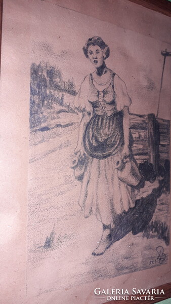 Balázs János jelzett grafika kép, : Vízhordó lány üveg alatt keretben 26 x 21 cm a képek szerint
