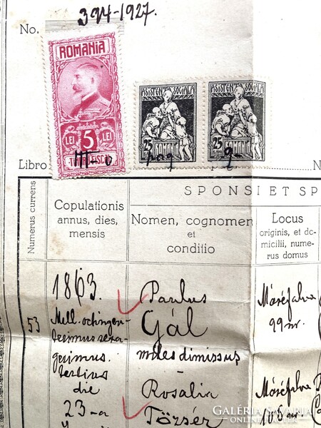 Máréfalva, Satu Mare, házassági anyakönyvi kivonat, 1927 - magyar és román okmánybélyegekkel