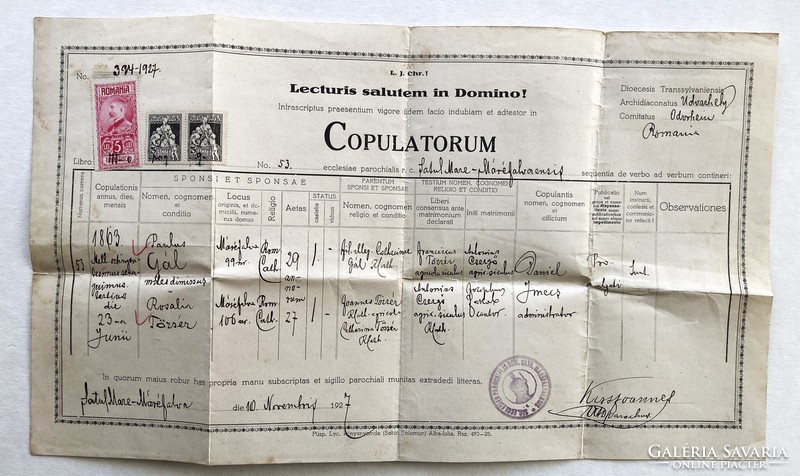 Máréfalva, Satu Mare, házassági anyakönyvi kivonat, 1927 - magyar és román okmánybélyegekkel