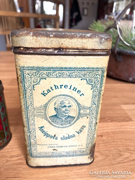 Régi fém pléh dobozok, Szent István cikória, Turán, Dara, Meinl tea, Kneipp maláta