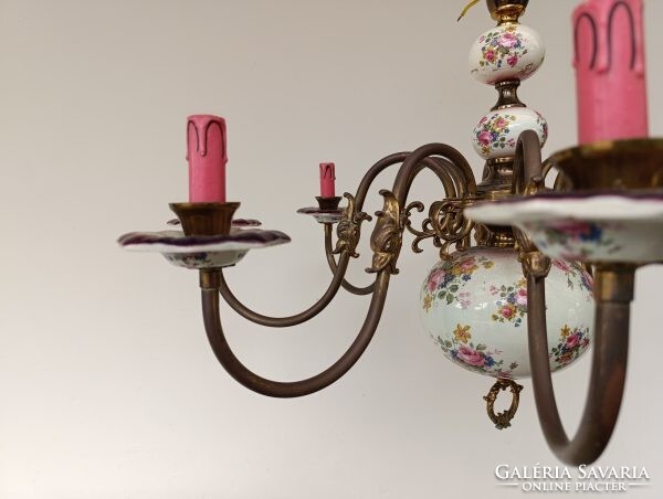Antik 8 karú rózsa motívum porcelán betétes nagy flamand csillár eredeti gyertyákkal + 8 új izzó 765