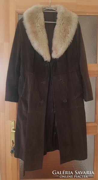 Női, hasított bőr kabát, prém gallérral ( vintage, retro ! )
