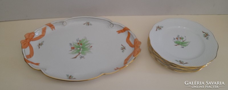 Herendi hecsedli v. csipkebogyó mintás szalagfüles tálca + 6 süteményes/desszertes porcelán tányér