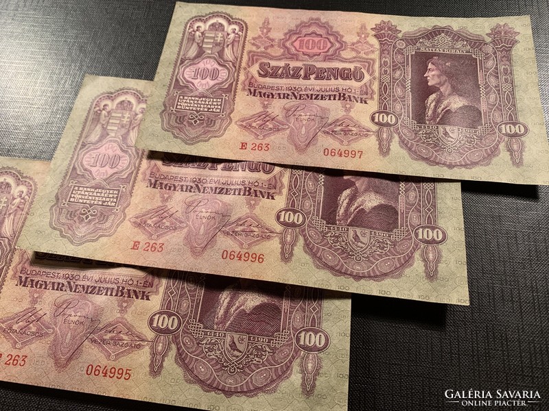 *** Hajtatlan 3 db os sorszámkövető 100 pengő  1930  ***