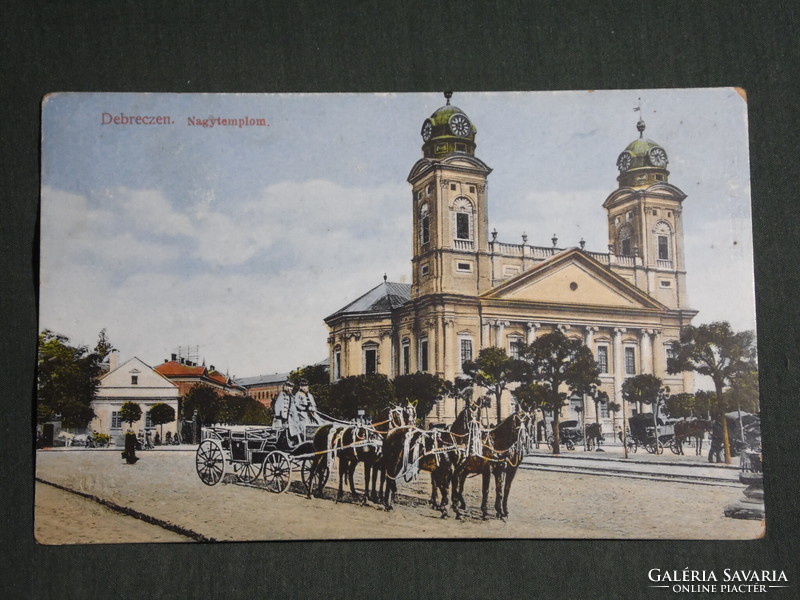 Képeslap,Debrecen,Református templom,tér,Díszes négyes fogat,hintó,kocsi,Bettelheim M. Bp. ki, 1912-