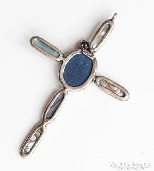 Vintage Peck kereszt medál - abalone kagyló lazulit/lapis lazuli és gránát kő, nyaklánc függő nyakék