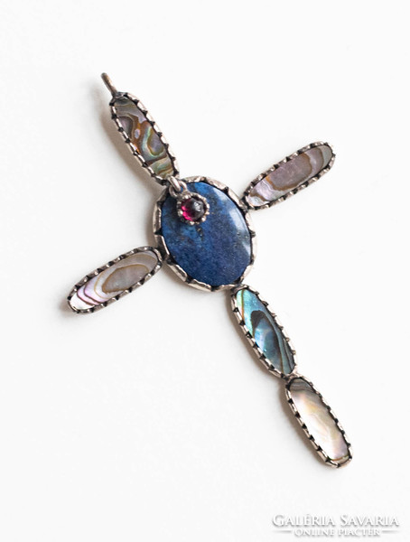 Vintage Peck kereszt medál - abalone kagyló lazulit/lapis lazuli és gránát kő, nyaklánc függő nyakék