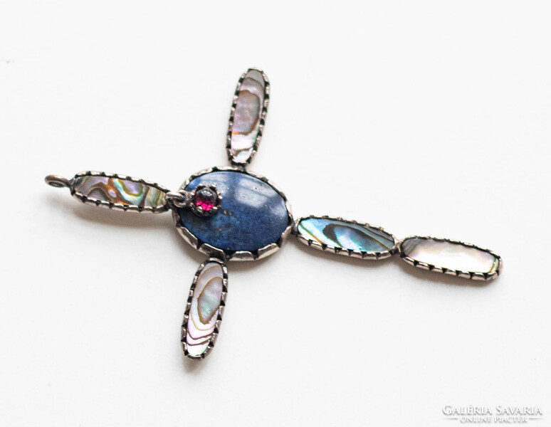 Vintage Peck kereszt medál - abalone kagyló lazulit/lapis lazuli és gránát kő, nyaklánc függő nyakék
