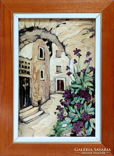 Fehér Margit: Ódon kapualj - tűzzománc - keretezve 32x42cm - alkotás 25x35cm - FM25/113