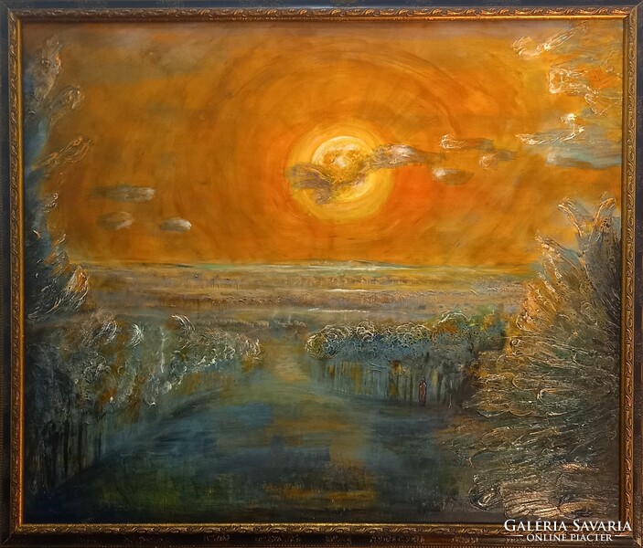 Prima díjas művész Mesél a Hold Lovászi felett.,102x87 kép tanúsítvánnyal.  Károlyfi Zsófia (1952-)